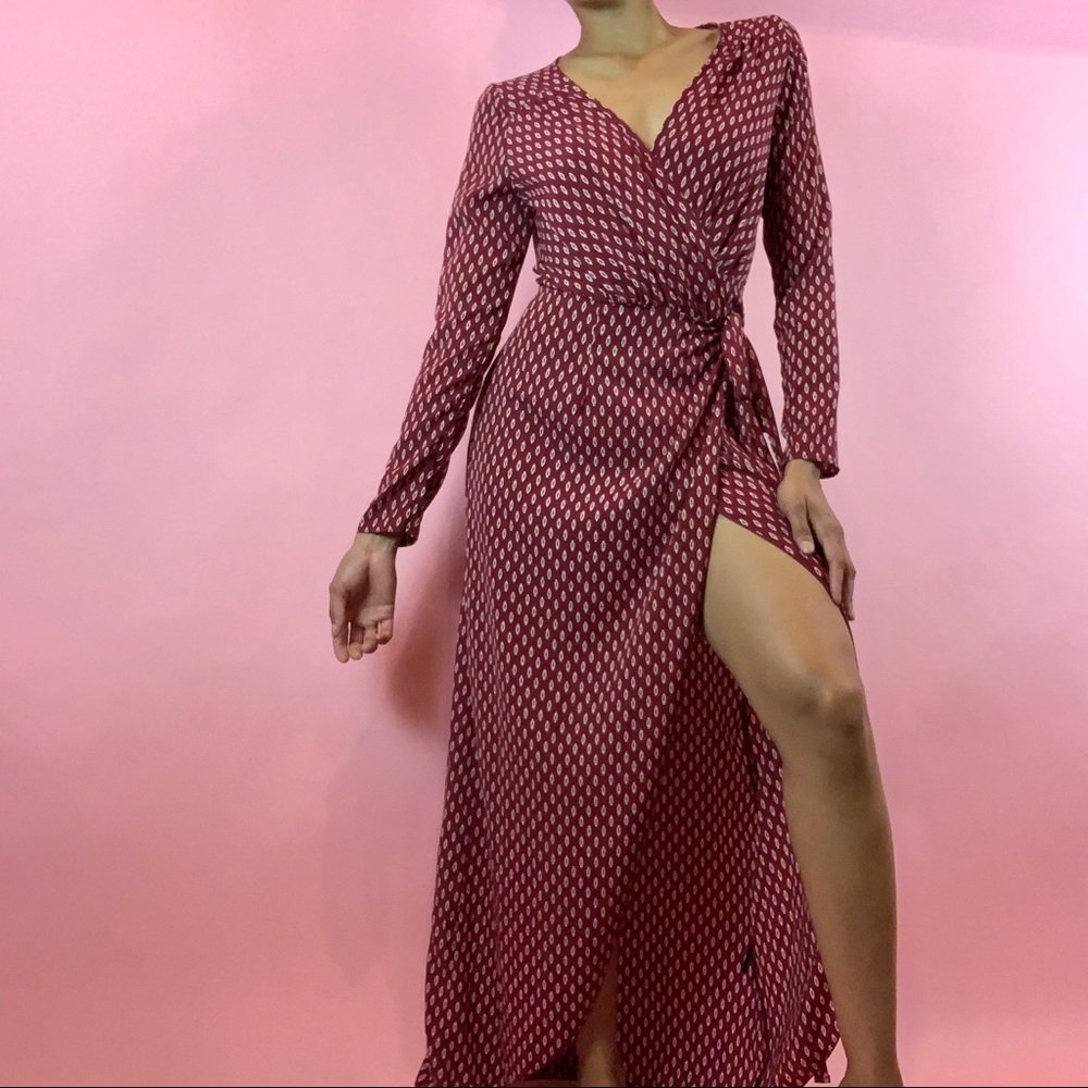 Lulus Wine Red Long Sleeve Wrap Midi Dress…